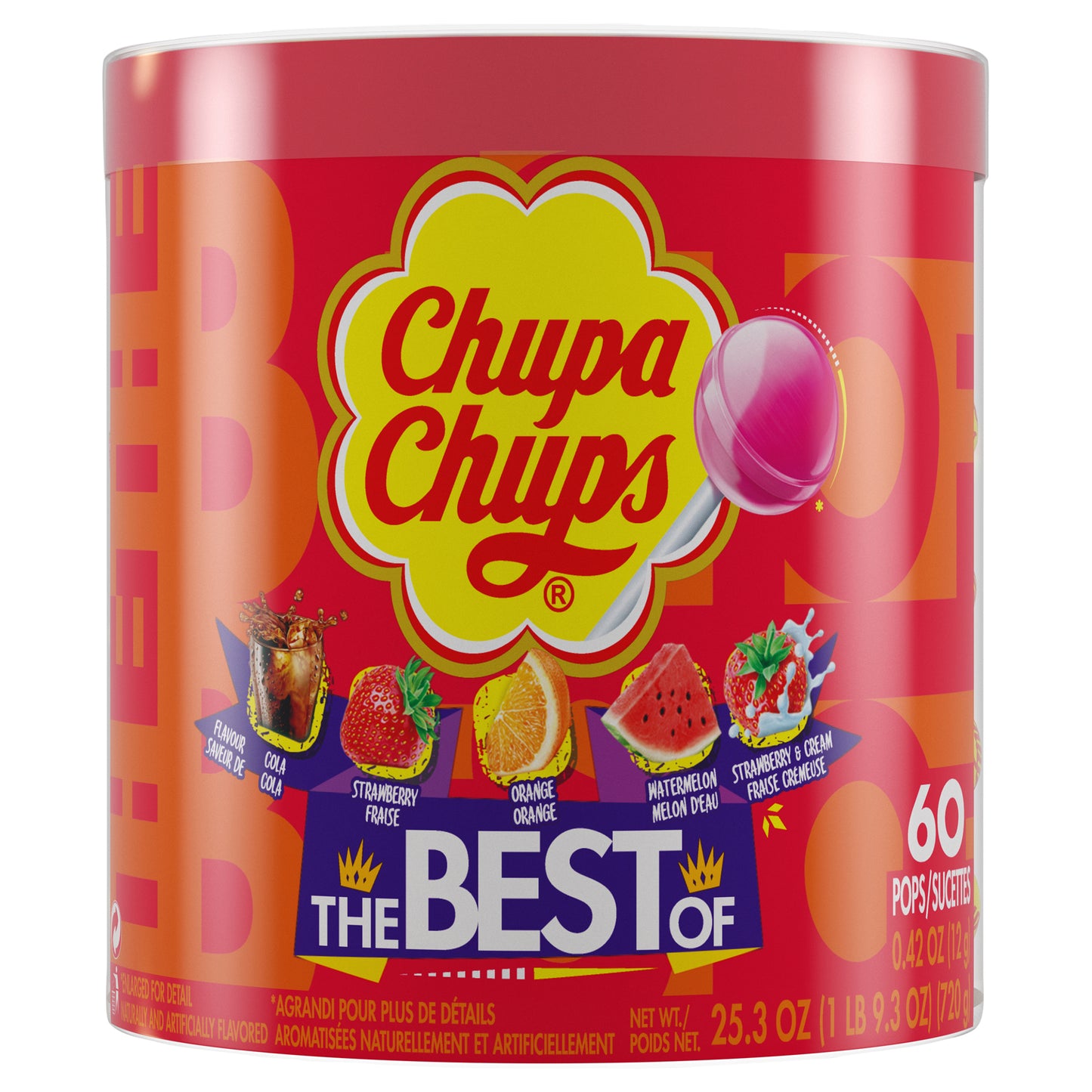 Chupa Chups "Best of" Pops Drum display of 60 lollipop suckers, 5 assorted fruit flavors; variety pack of candy for sharing, gifting, parties or office