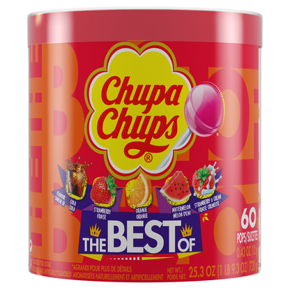 Chupa Chups "Best of" Pops Drum display of 60 lollipop suckers, 5 assorted fruit flavors; variety pack of candy for sharing, gifting, parties or office