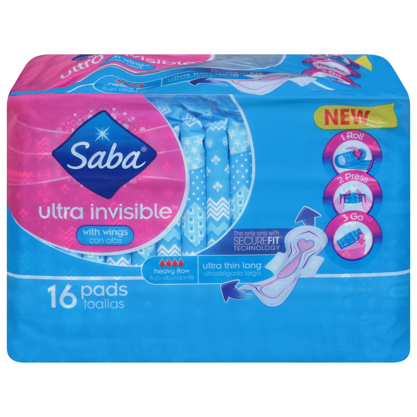 Saba Ultra Invisible Ultra Thin Long Heavy Flow with Wings Pads 16 ea
