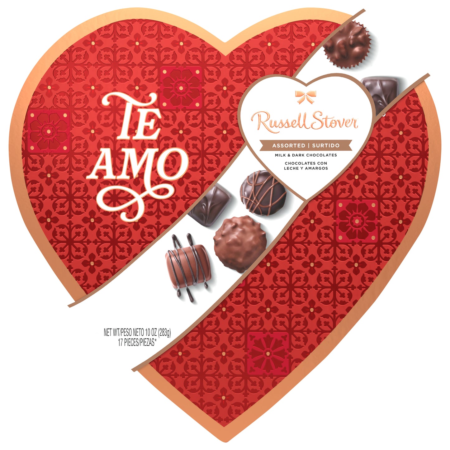 RUSSELL STOVER Caja de regalo de chocolate con leche y negro variados "TE AMO" para el Día de San Valentín, 10 oz. (17 piezas)