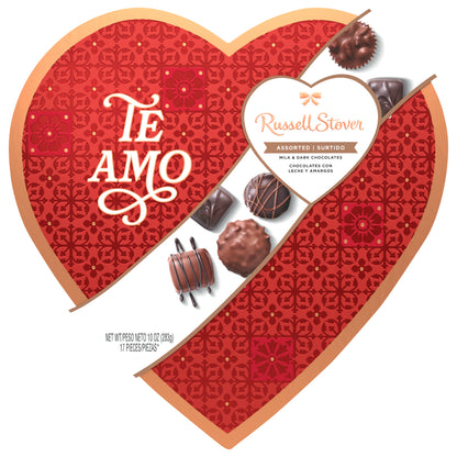 RUSSELL STOVER Caja de regalo de chocolate con leche y negro variados "TE AMO" para el Día de San Valentín, 10 oz. (17 piezas)