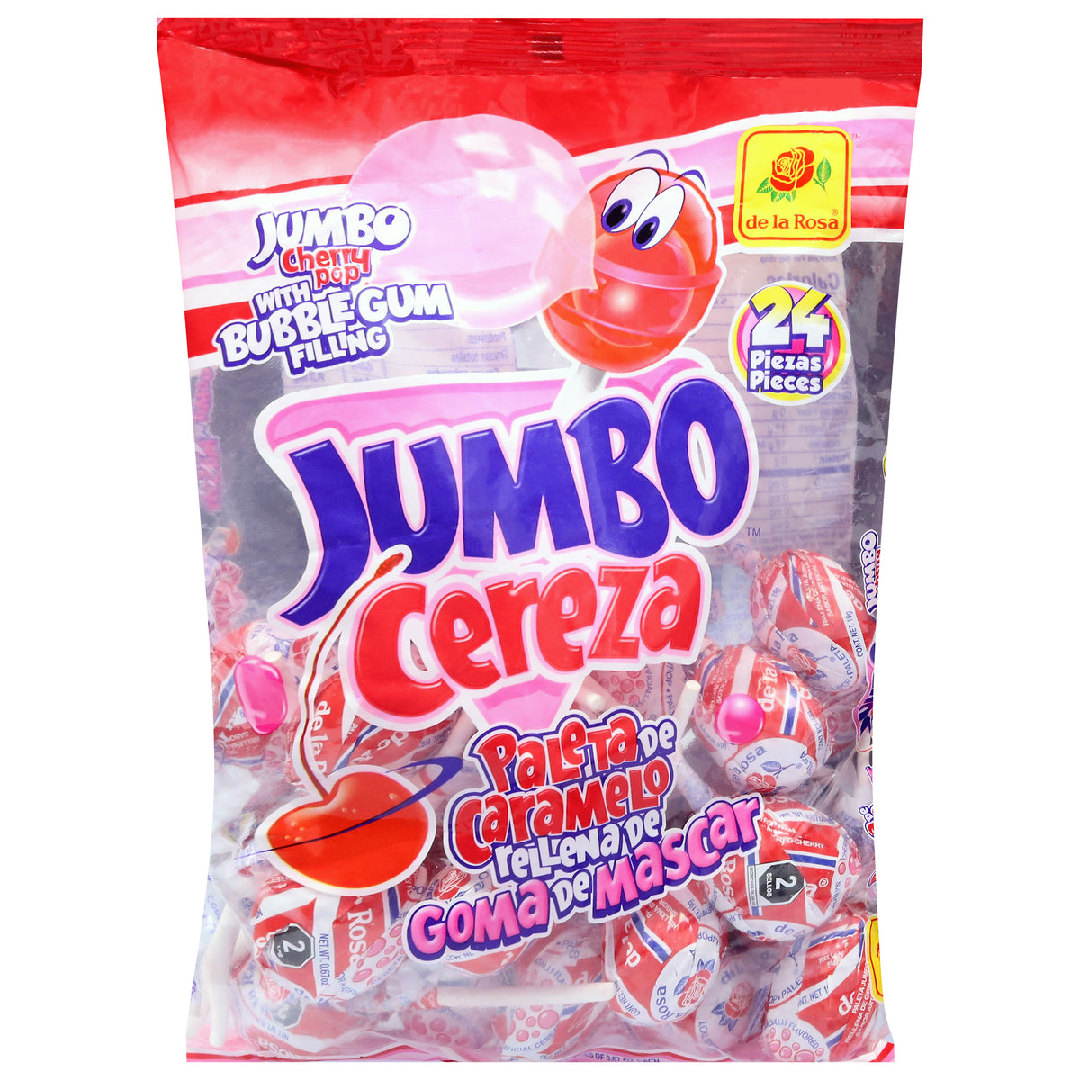 De La Rosa Cereza Cherry Jumbo Pop with Bubble Gum Filling 24 - 0.67 oz Pieces