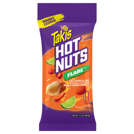 Takis Flare Hot Nuts 3.2 oz Snack Size Pouch, Chili Pepper & Lime Flavored Medium Spicy Double-Crunch Peanuts