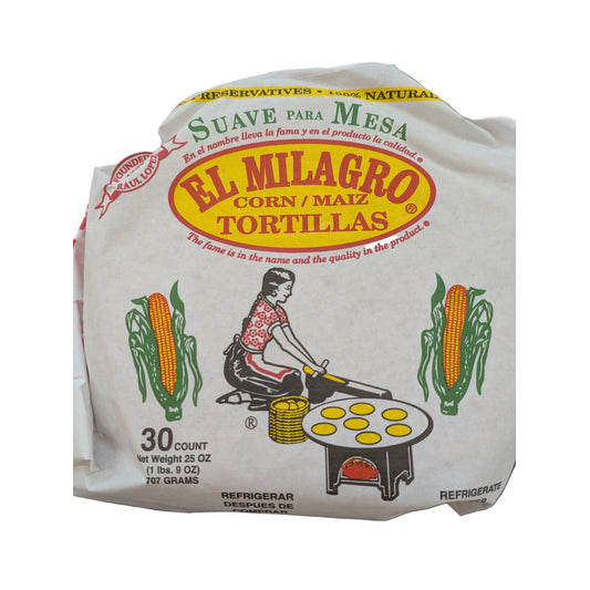 Package of El Milagro corn tortillas with branding and product details.