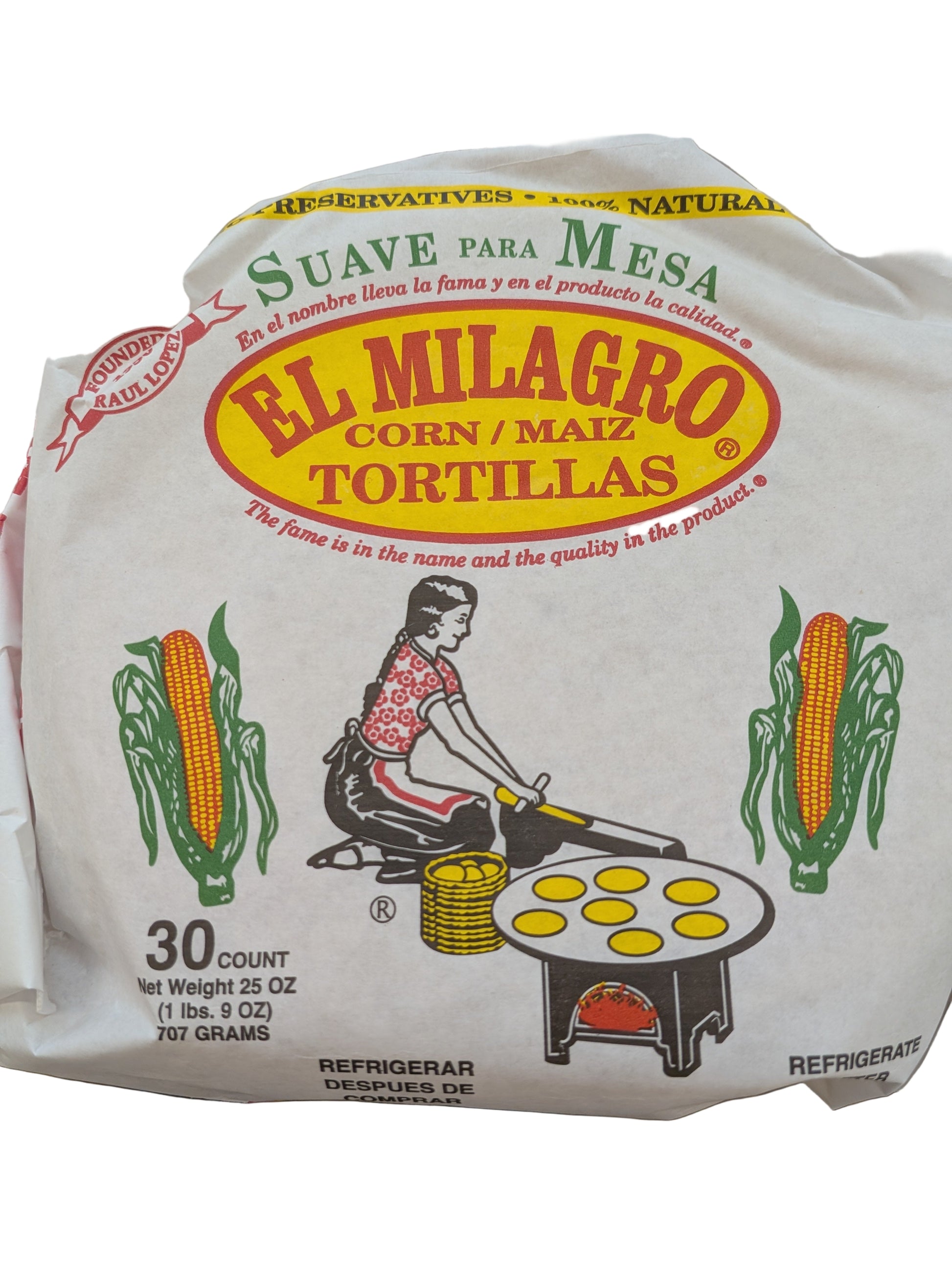 Package of El Milagro corn tortillas with branding and product details.