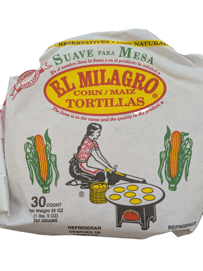 Package of El Milagro corn tortillas with branding and product details.