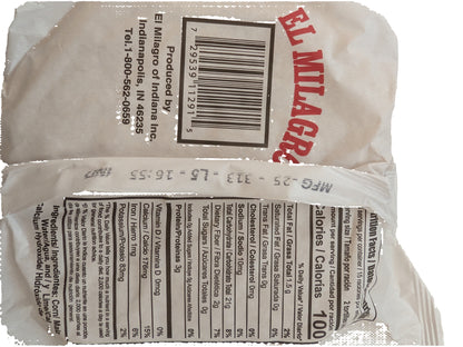 Close-up of a package with El Milagro branding and nutritional information.