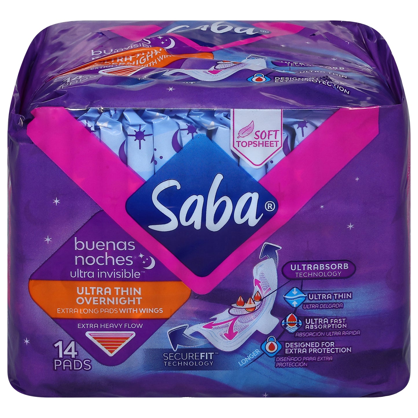 Saba Extra Heavy Flow Ultra Thin Overnight Pads 14 ea