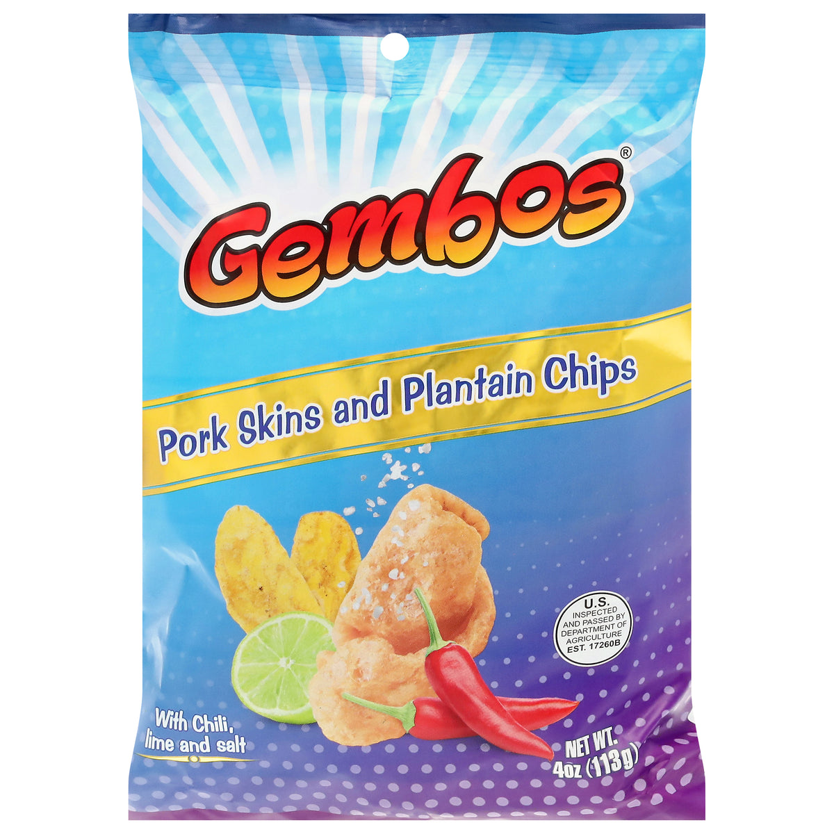 Gembos Pork Skins and Plantain Chips with Chili, Lime and Salt 4 oz