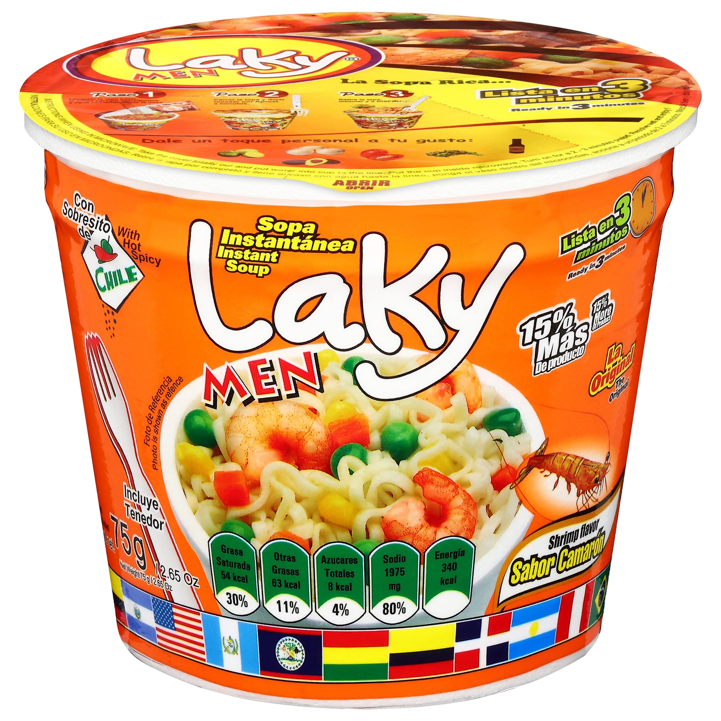 Laky Men Instant Shrimp Flavor Soup with Hot Spicy Chile 2.65 oz