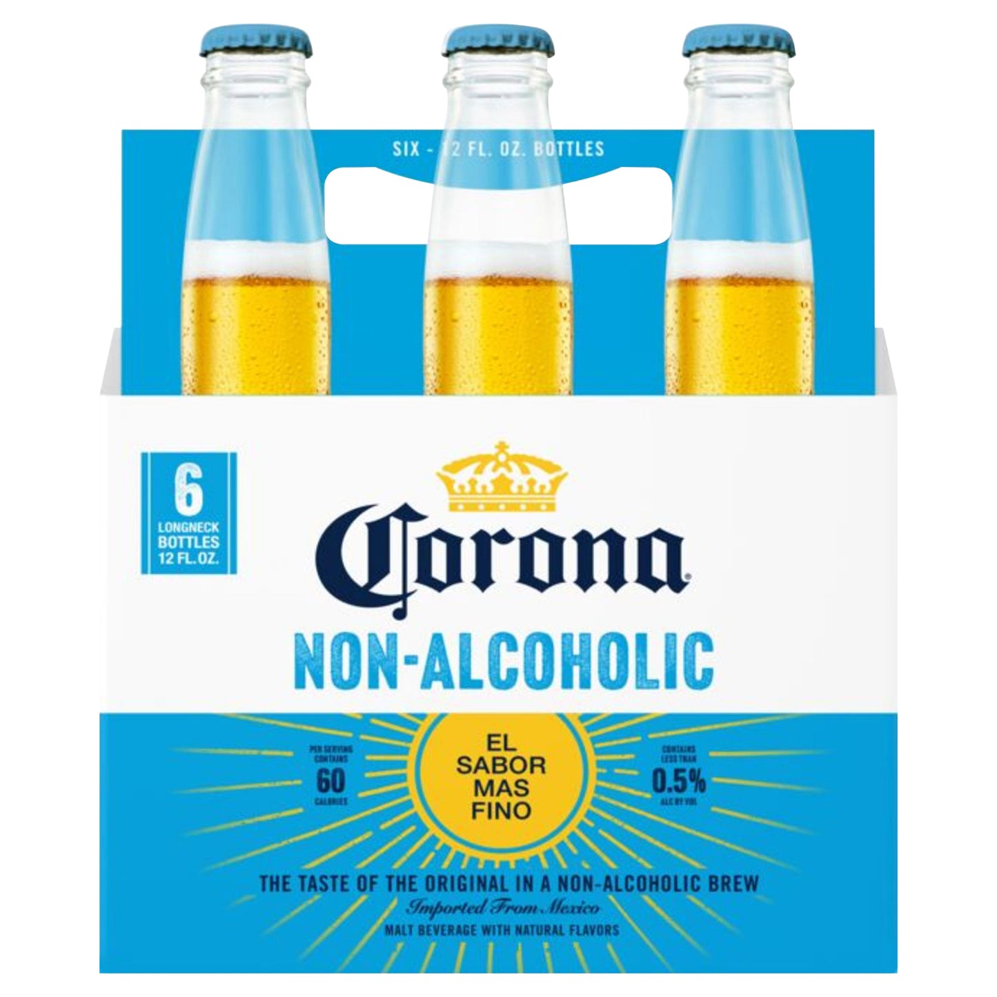 Cerveza de malta sin alcohol Corona, sabor mexicano, paquete de 6 botellas de 355 ml (12 oz fl), menos de 0.5% de alcohol por volumen.