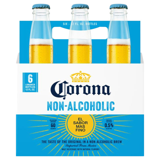 Cerveza de malta sin alcohol Corona, sabor mexicano, paquete de 6 botellas de 355 ml (12 oz fl), menos de 0.5% de alcohol por volumen.