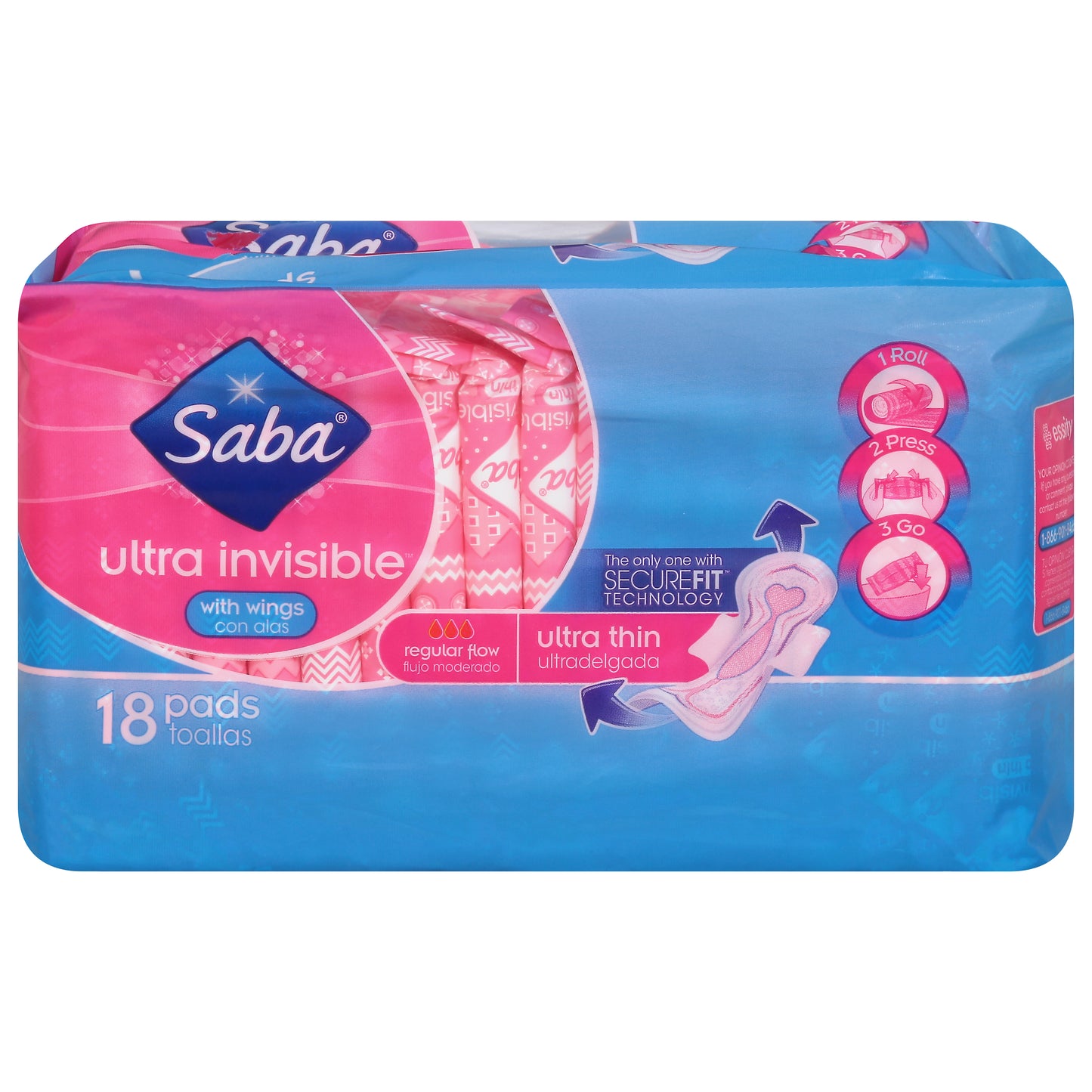 Saba Ultra Invisible Regular Flow with Wings Ultra Thin Pads 18 ea