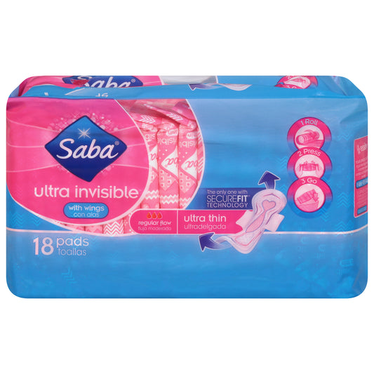 Saba Ultra Invisible Regular Flow with Wings Ultra Thin Pads 18 ea
