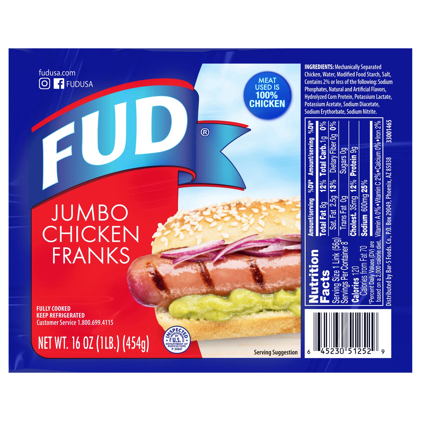 FUD Jumbo Chicken Franks 16 oz.