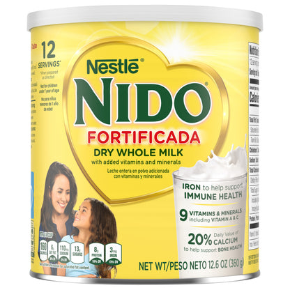 NIDO Fortificada Powdered Drink Mix - Dry Whole Milk Powder with Vitamins and Minerals - 12.6 Oz Canister