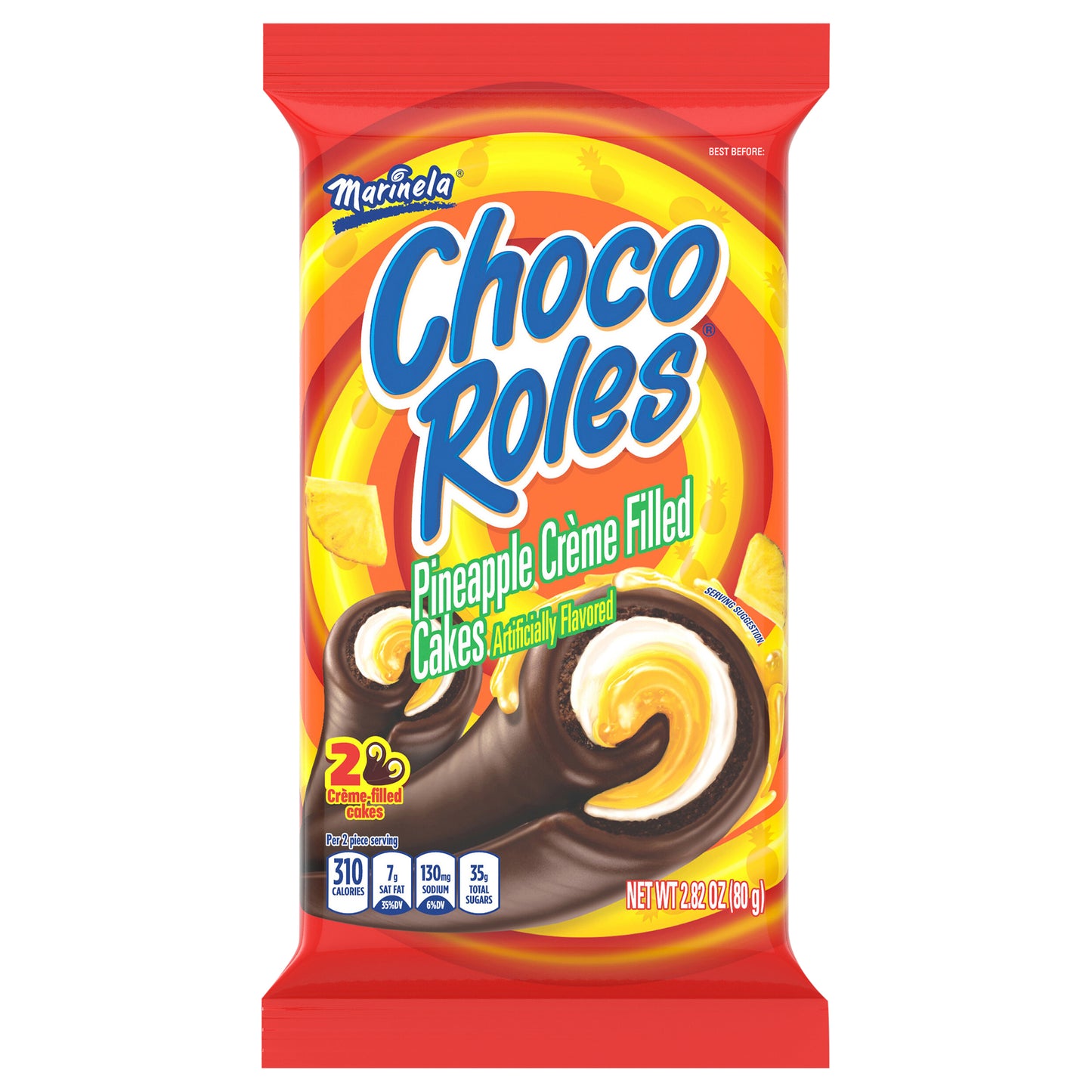 Marinela Choco Roles Pineapple and Crème Filled Snack Cakes with Chocolate Coating, Twin Pack
