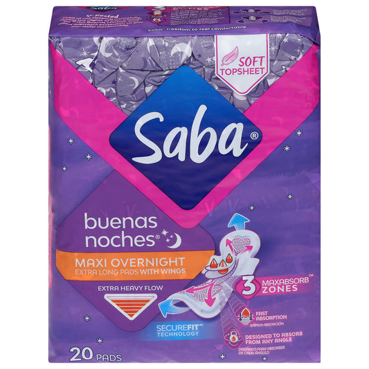 Saba Extra Heavy Flow Maxi Overnight Pads 20 ea