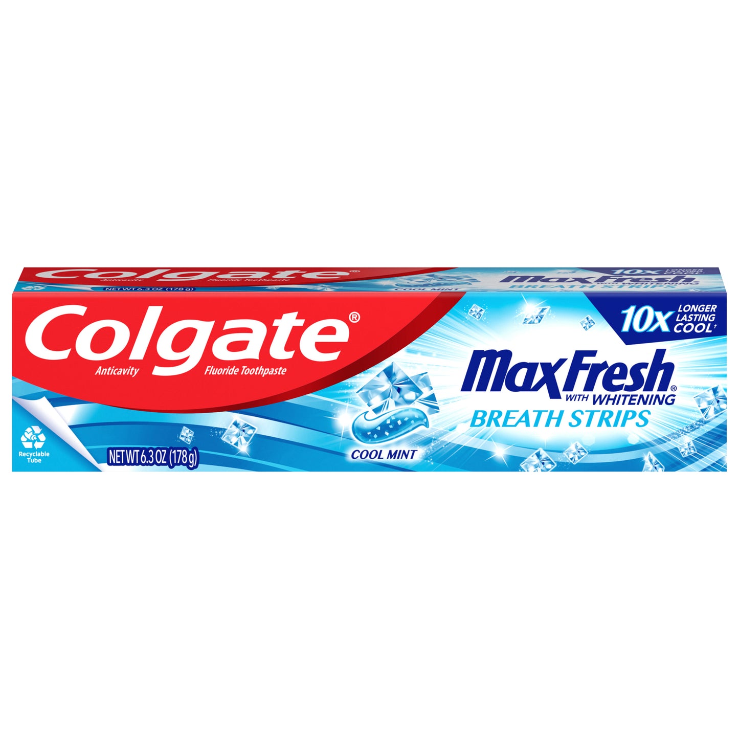 Pasta dental Colgate Max Fresh, blanqueadora con mini tiras refrescantes para el aliento, menta fresca, tubo de 179 g (6.3 oz).