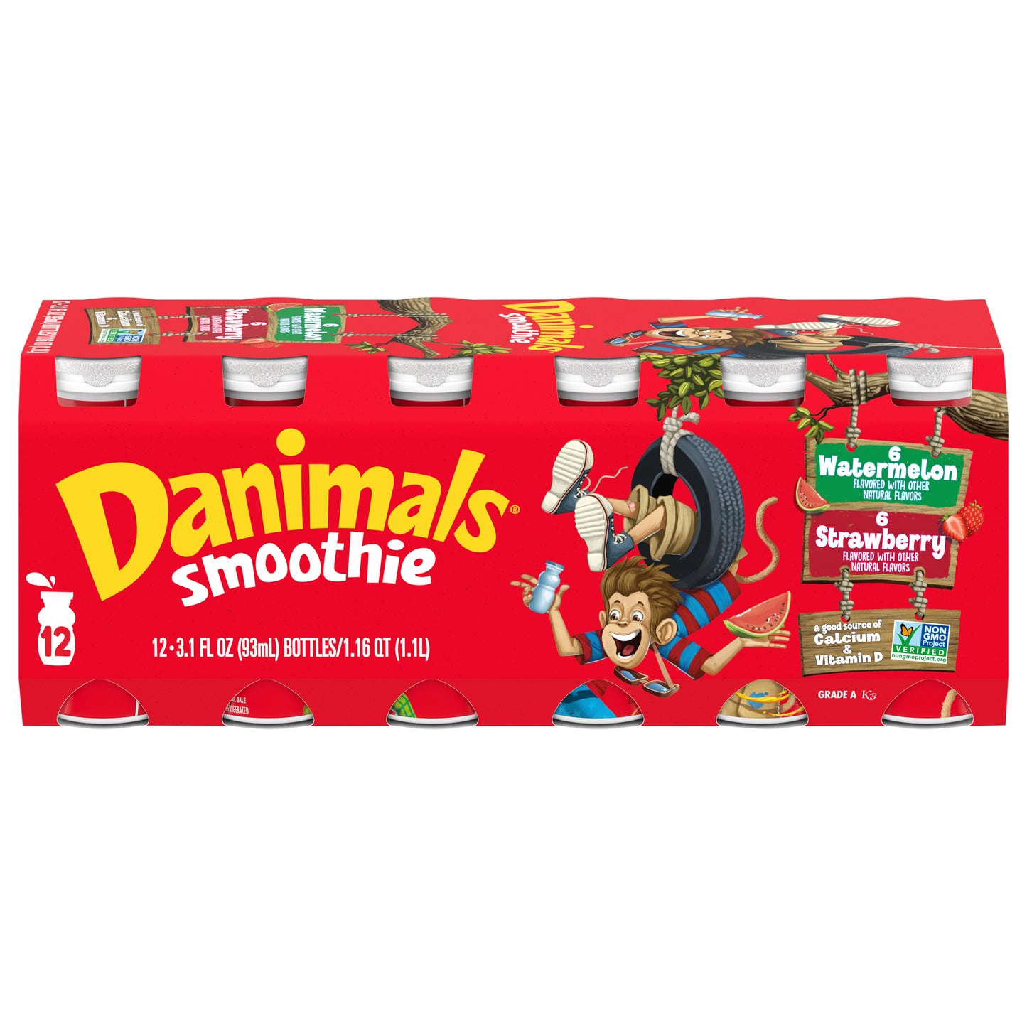 Danimals Smoothie Strawberry Explosion and Wild Watermelon Dairy Drink Multi-Pack, 12 Ct, 3.1 OZ Smoothie Bottles